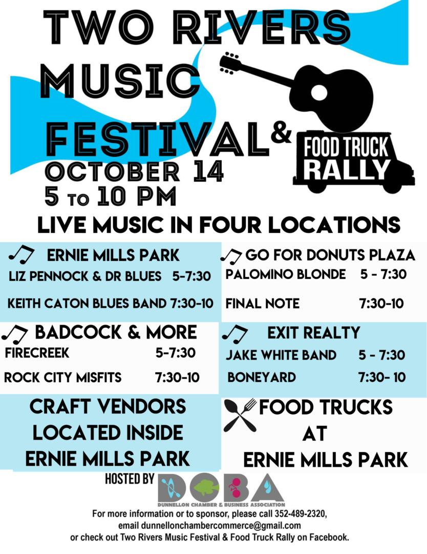 Two Rivers Music Festival & Food Truck Rally October 14, 2023 from 5 pm- 10 pm