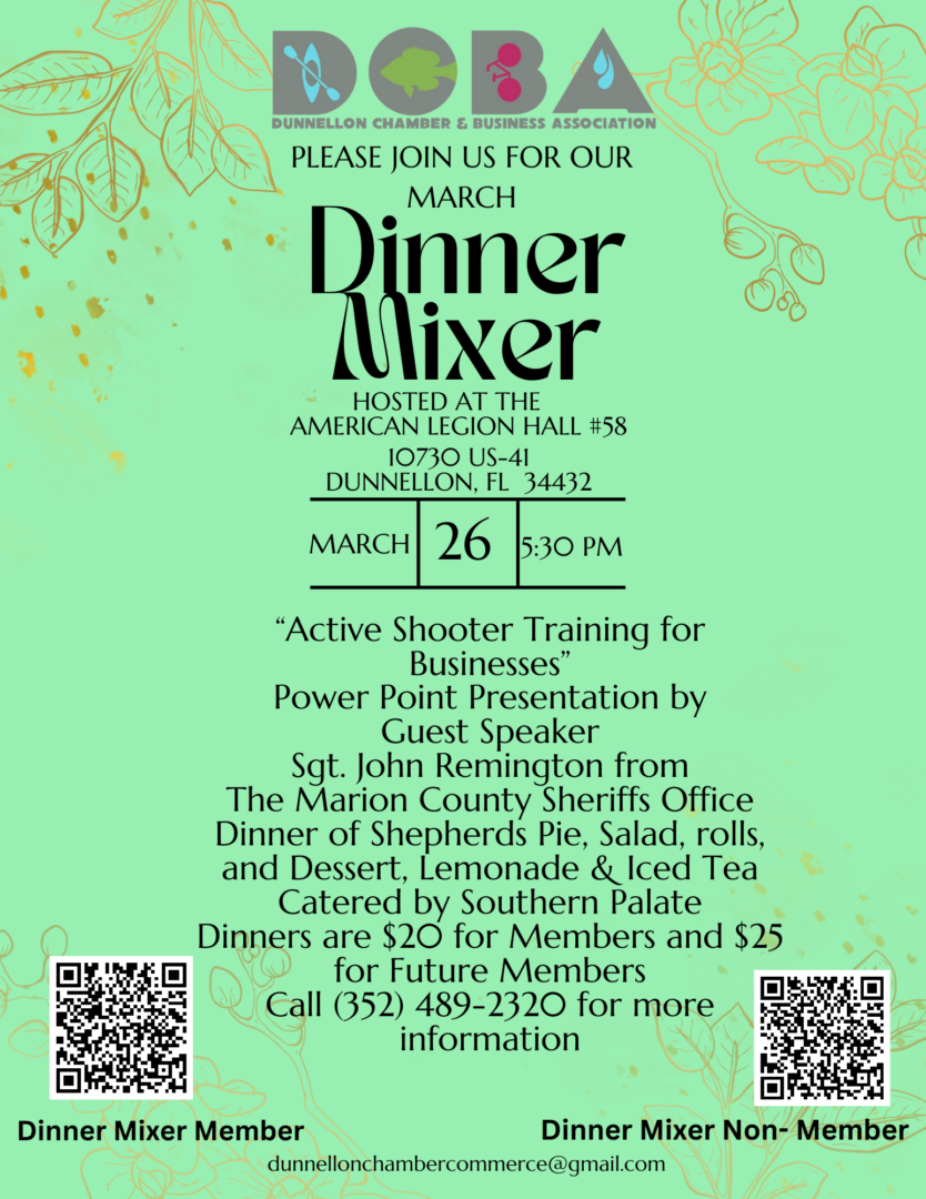 Please join us for our March Dinner Mixer on Tuesday March 26th at 5:30 pm at the American Legion Hall # 58 
10730 US-41 Dunnellon, Fl.  
Power Point Presentation  on
 